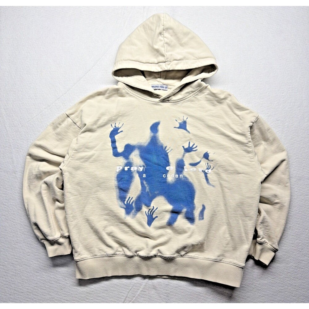 Aelfric Eden Pray The Lord Hoodie Men's M Cream Blue Oversized Y2K Streetwear